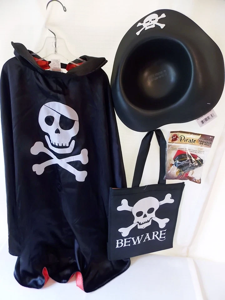 Gymboree Pirate Skull Cape Costume Child Size M/L Hat Halloween Treat Bag Boys - Image 1 of 4
