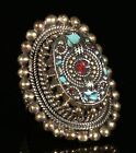 3CM Old Tibet Miao Silver inlay Turquoise Palace Jewelry Ring Finger ring