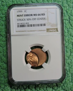 1999 LINCOLN 1C - MINT ERROR 50% OFF CENTER - NGC MS 66 RD - Picture 1 of 5