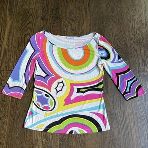 Women's Emilio Pucci Multicolor 3/4 Sleeve Scoop Neck Jersey Top Sz. 6 S/M Read - Picture 1 of 6