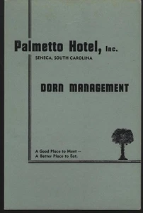 Palmetto Hotel Seneca South Carolina Good Place to Meet Vintage Restaurant Menu - Picture 1 of 3
