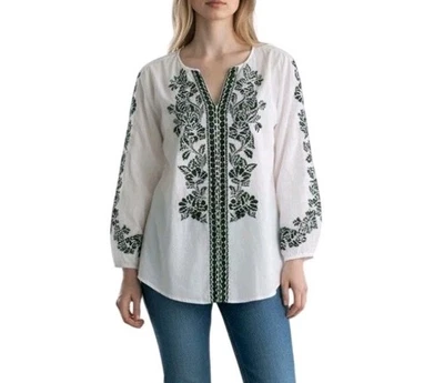 Blusa túnica Chicos 3 blanca verde bordada floral manga larga - XL 16/18 Foto 1 de 4