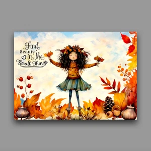 Tarjeta coleccionable de artista ACEO - Belleza en el otoño, hojas caprichosas de niña 2,5x3,5 - Imagen 1 de 3