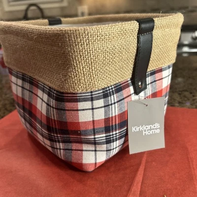 Kirkland Home Red Plaid Bin With Burlap & Leather Accents New W/ Tags 8x8x6.5” - Image 1 of 4