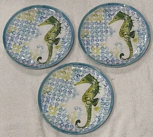Nicole Miller Seahorse Ocean Blue Green MELAMINE Side Plates Set Of 3 Coastal - Picture 1 of 7