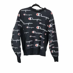 Vintage 90's Mens Champion Sweatshirt XS Reverse Weave All Over Logo Print Black - Picture 1 of 10