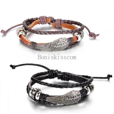 Men's Retro Angel Wing Charm Braided Leather Strap Bracelet Wristband Adjustable - Image 1 of 4