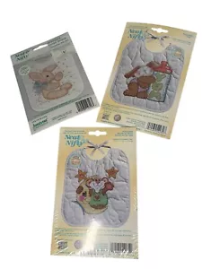 Neat & Nifty Stamped Cross Stich Kit Baby Bib Lot of 3 Mouse on Moon Bunny Yum - Picture 1 of 14