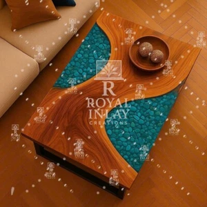 Rectangular Teak Table with Turquoise Pebble Inlay – Nature-Inspired Elegance - Picture 1 of 13