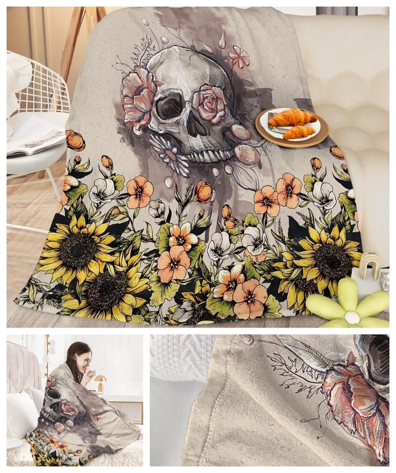Warm Skull Flannel Fleece Blanket Sunflower Throw Blanket for Bed Sofa 59"x79" - Image 1 of 4