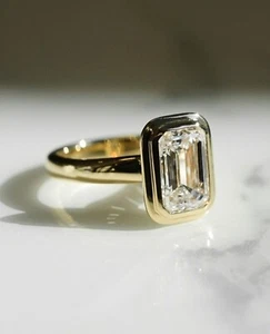 Emerald Cut Wedding Ring Bezel Set Solitaire Moissanite Engagement Ring Gift Her - Picture 1 of 3