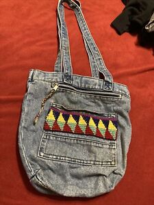 Vintage 1980s Acid Denim Jeans Hobo Bucket Shoulder Bag Purse