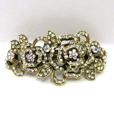 Винтажный старинный золотой цветочный розы со стразами кристалл блестящий заколка вечер - Изображение 1 из 4