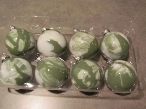 8 Marbled Glass Christmas Ornaments olive green and white Handmade - Picture 1 of 3