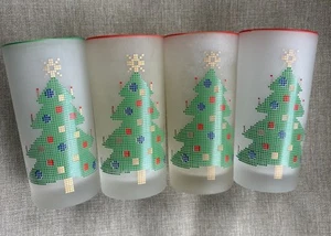 Juego De Colección 4 Vasos de Barra de Vidrio MCM Retro Pixel Esmerilado Árbol de Navidad Borde Rojo - Imagen 1 de 16
