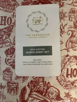 THE FARMHOUSE BY RACHEL ASHWELL Queen Red Ho Ho Ho Cotton Santa Sheet Set New - Image 1 of 3