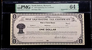 1933 NORTH DAKOTA Bismarck, Depression-Era Self Liquidating Tax Certificate, PMG - Picture 1 of 6