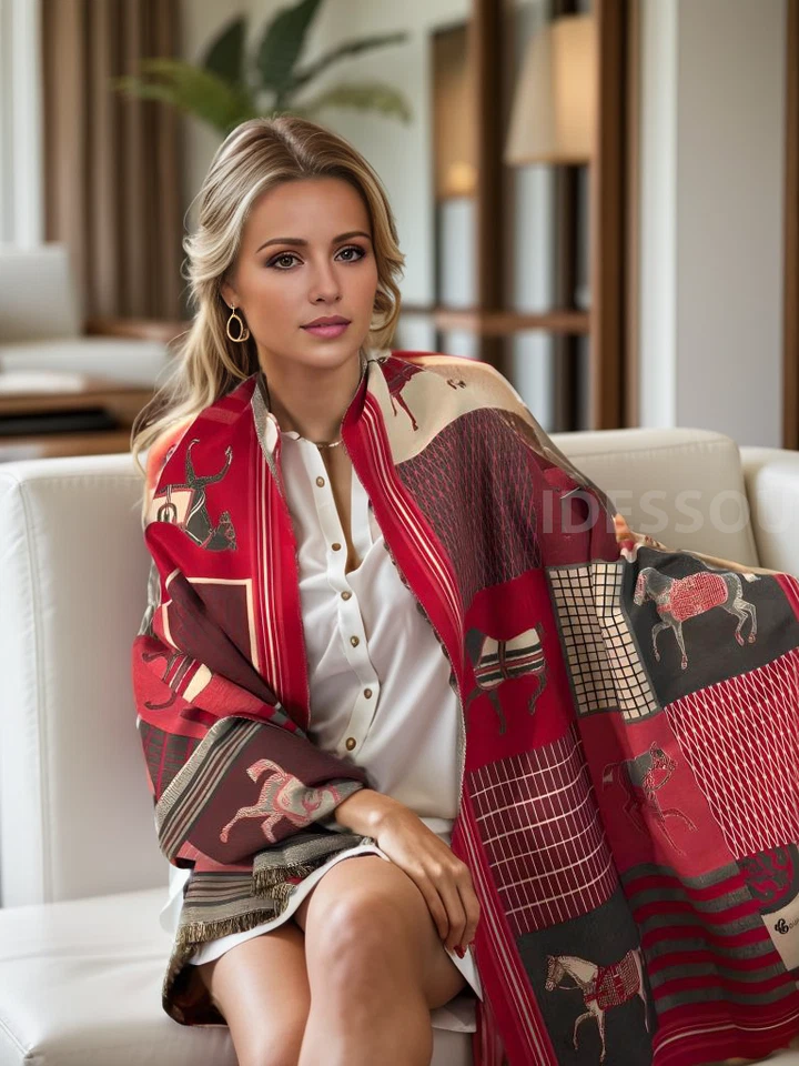 LA FERANI Edel Winter Schal Wolle edel Kaschmir Stola Pferd Rot Cashmere Wollschal Damen