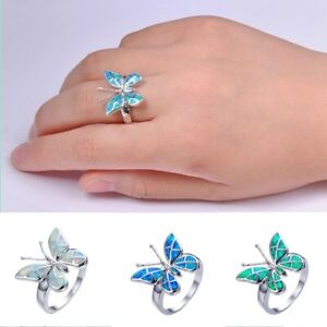 Fashion Women Fire Opal Butterfly Rings Silver Plated Jewelry Party Ring Sz 6-10