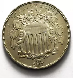 1867 Rays 5c Shield Nickel Five Cents US Coin AU - Picture 1 of 2