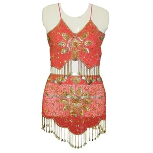Costume de danse orientale 2 pièces danse du ventre rouge doré Séquins Ensemble - Imagen 1 de 1