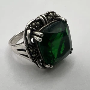 Vtg Art Deco Ring Emerald Cut Glass Green Paste Halo Sterling Silver Sz 6.75 - Picture 1 of 16