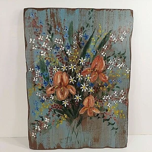 Hand Painted Pine Wood Plaque Floral Bouquet Welcome Patio Garden Signed VTG - Picture 1 of 9