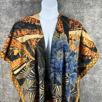 Chicos Jacket One Size Earthy Microsuede Floral Geo Poncho Kimono Open Cardigan - Image 1 of 4