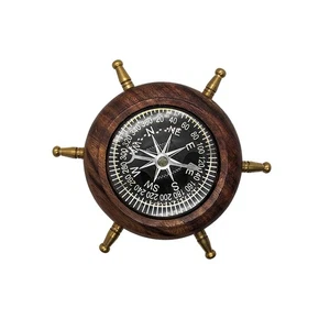 Captains Desk Wooden Brass Shipwheel Compass Nautical Paper Weight Office Decor - Picture 1 of 5