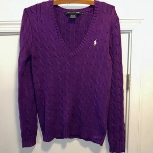 RALPH LAUREN SPORT V-NECK CABLE KNIT SWEATER PURPLE WOMENS MEDIUM EXCELLENT - Picture 1 of 8