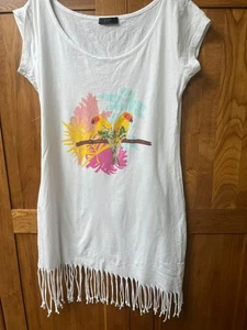 Ladies Beach Dress White With Bird Design Tassle Style Medium - Picture 1 of 7