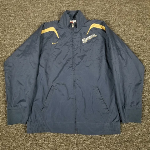 Nike Milwaukee Brewers Jacket Mens Large Full Zip Navy Blue Track MLB Team Logo Cover
