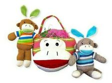 Sock Monkey Bunny Lot Easter Basket and 2 Sock Monkeys Blue Green 3pcs Dan Dee