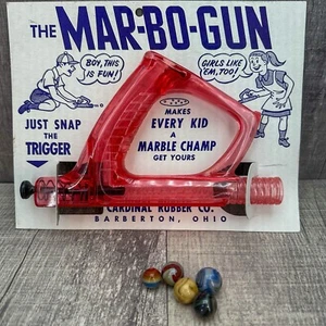 1950's Vintage Mar-Bo-Gun Toy Marble Shooter w/ Ad Card & 5 Swirl Marbles NICE - Picture 1 of 10