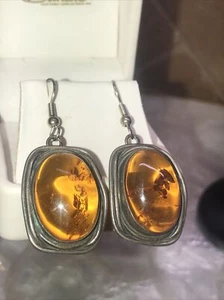 Vintage honey amber Earrings Sterling Silver earrings 925 Chunky Earrings - Picture 1 of 14