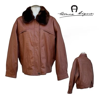 Chaqueta de bombardero de cuero vintage años 80 90 ETIENNE AIGNER para mujer M cuello de piel sintética Foto 1 de 4