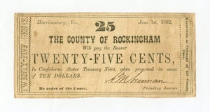 Billete de 25c de 1862 del condado de Rockingham - Harrisonburg, Virginia  - Imagen 1 de 2