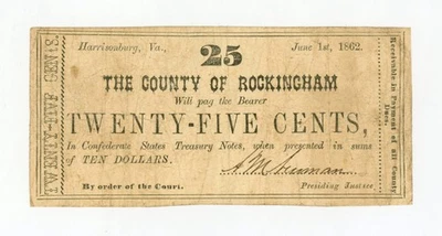 1862 25c The County of Rockingham - Harrisonburg, VIRGINIA Note  - Image 1 of 2