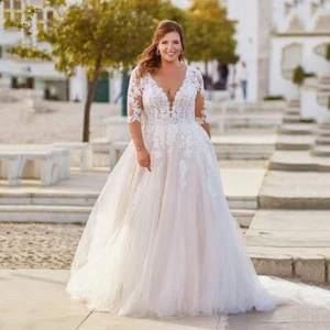 Vestidos de novia talla grande medias mangas cuello en V apliques de encaje línea A vestidos de novia - Imagen 1 de 8