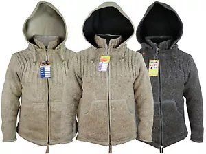Hand Knitted Natural Woolen Fleece Lined Detachable Hood Winter Jacket Jumper - Bild 1 von 9