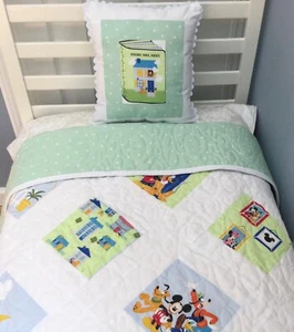 Baby Quilt. Green/white/Blue Quilt. 42X42 Mickey Mouse Quilt. Disney Quilt - Picture 1 of 6