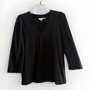 NWT Chico's Size 2 Black V Neck Puff Drape Sleeve Woven Knit Mix Tee - Picture 1 of 4