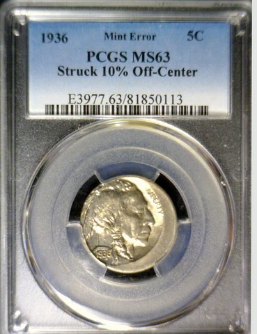 1936 ERROR PCGS MS63 OFF CENTER Buffalo Nickel NICE CH BU O/C Coin  FREE SHIP Cover