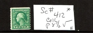 1912 U.S.Reg Issue 1c Green Washington S.L.Wkm p.8 1/2V COIL Sc#412 M/H/OG ** - Picture 1 of 1