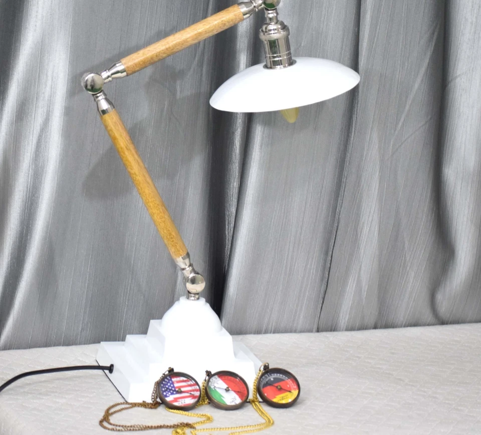 "Rustic Charm Meets Modern Elegance Nickel Brass White Lamp with Wooden Stand - Image 1 of 4