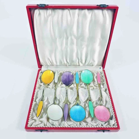 6 Frigast Sterling Silver & Guilloche Enamel Demitasse Spoons Denmark Vintage Cover