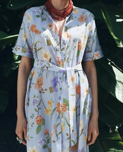 ZARA Blue Floral Printed Belted Shirt Midi Dress Size S Bloggers Fave 2183/073 - Picture 1 of 11