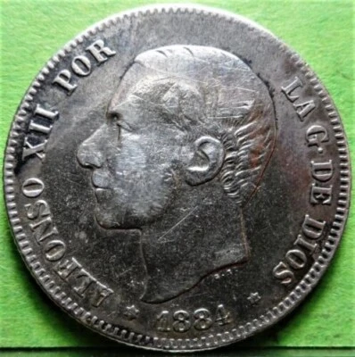 ALFONSO XII, 2 Pesetas, 1884, *18-84, Silver, SPAIN - Image 1 of 2