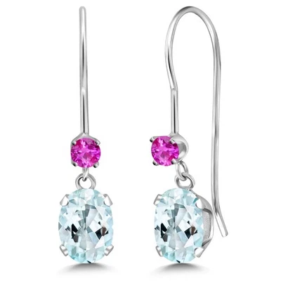 14K белое золото небесно-голубой топаз и розовый сапфир французская проволока подвеской серьги для - Изображение 1 из 4