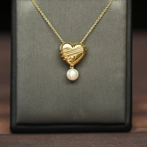 Vintage Tiffany & Co. Cupid's Arrow Puff Heart Pearl 18k Gold Necklace 1994 - Picture 1 of 9